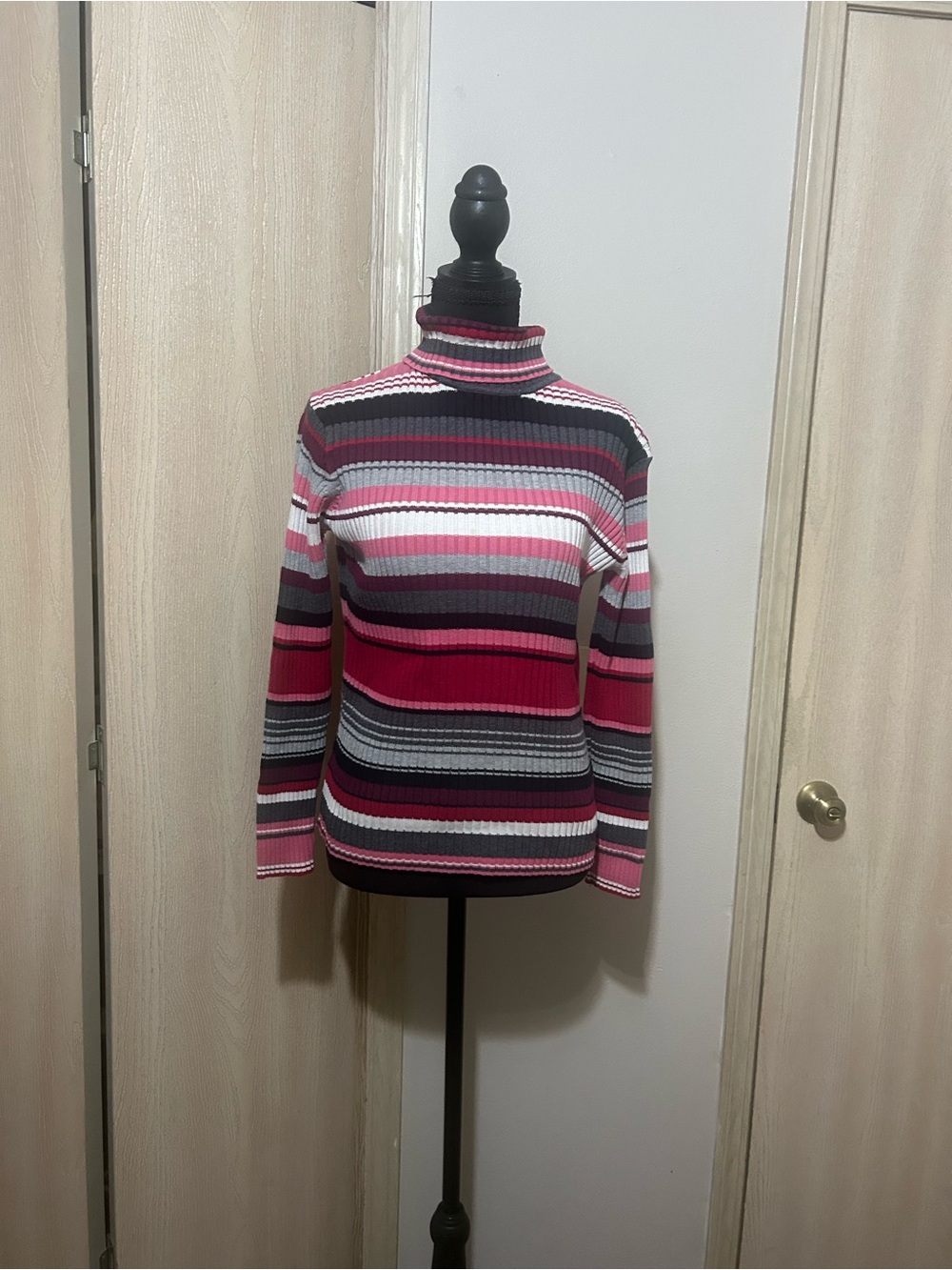Basic Editions Striped Pink, Gray & Black Ribbed Turtleneck Sweater